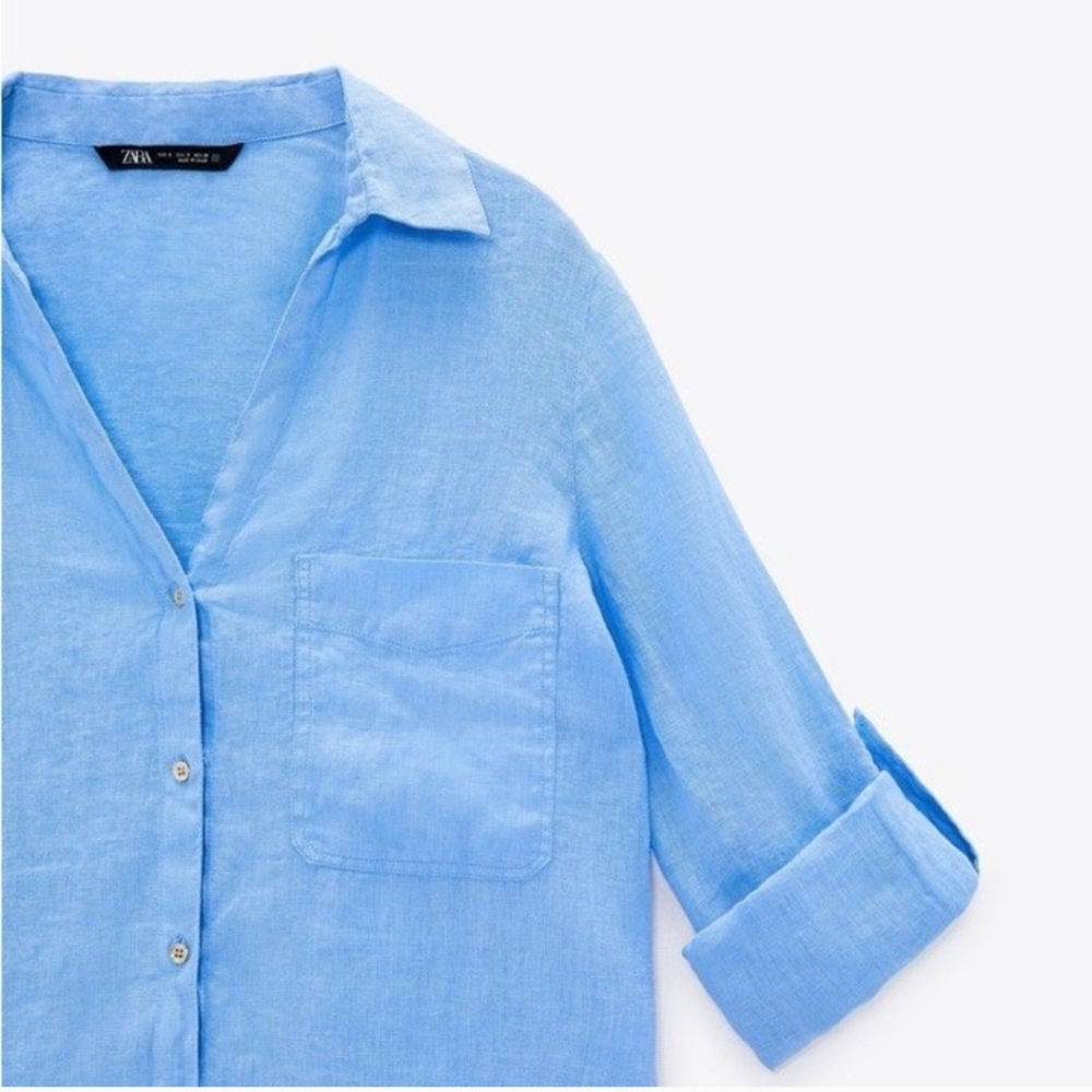Zara Light Blue 100% Linen Shirt
